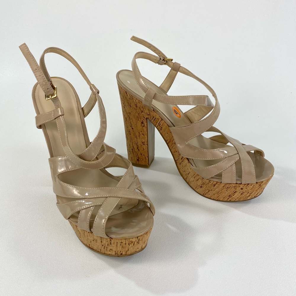 NEW Nude Patent Leather Strappy Platform Chunky Heels 9 70s Retro Sexy Neutral